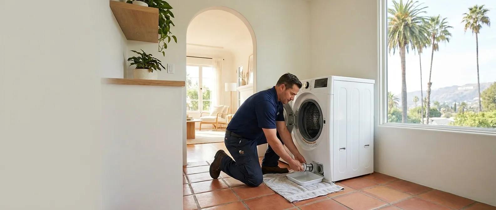 Technician repairing a washing machine in a home in Los Angeles County