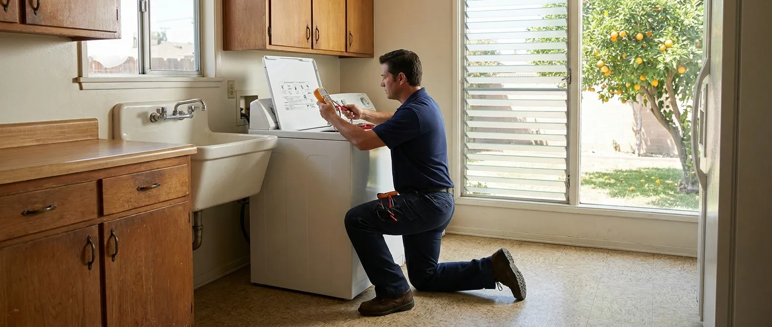 Technician repairing a washing machine in a home in Anaheim, CA