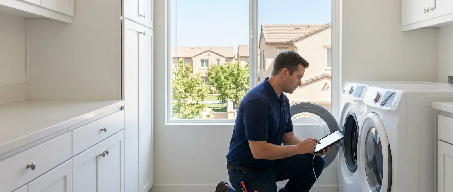 Technician repairing a washing machine in a home in Irvine, CA