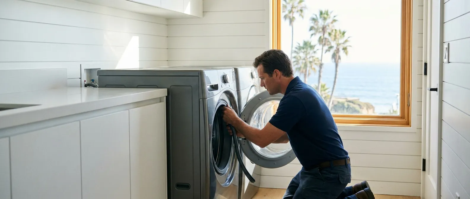 Technician repairing a washing machine in a home in Orange County