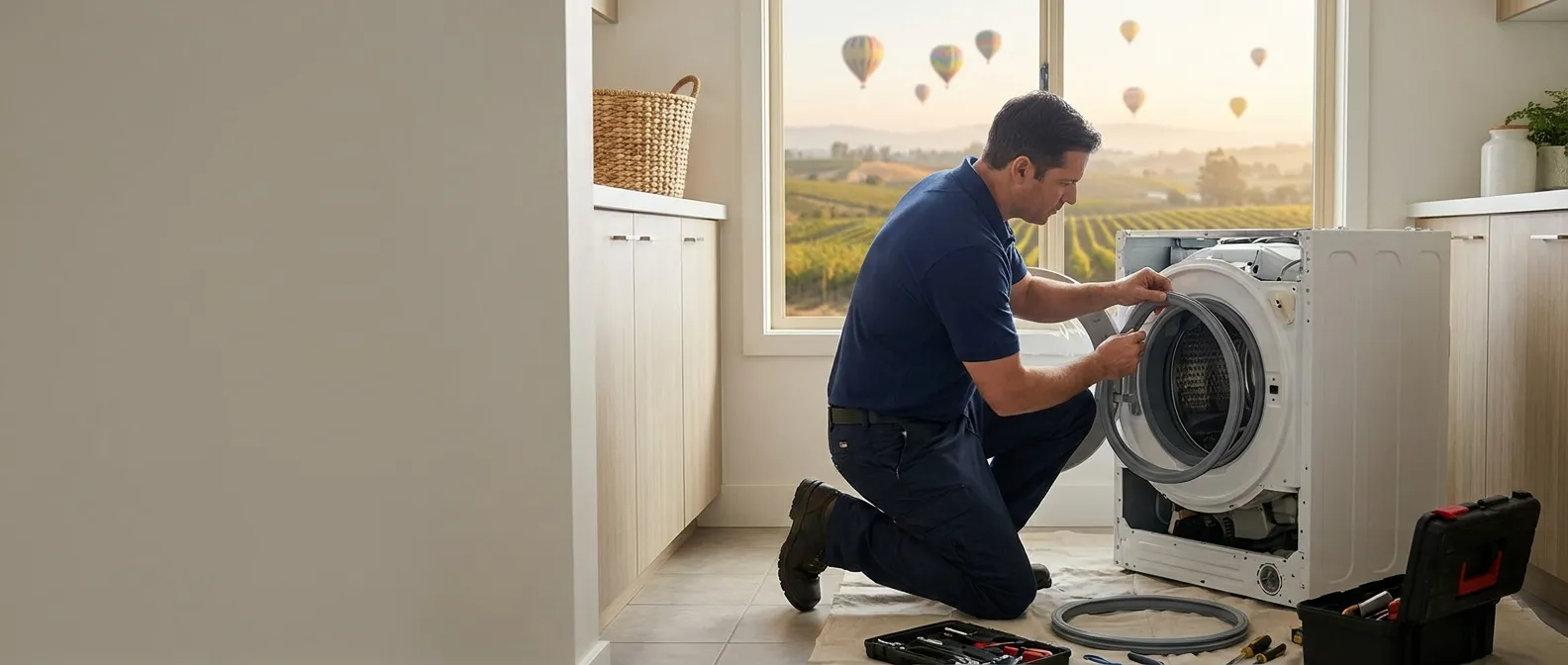 Technician repairing a washing machine in a home in Temecula, CA