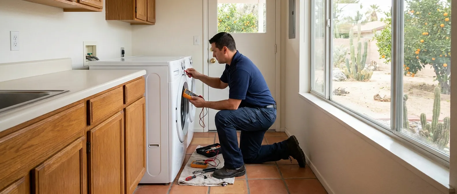 Technician repairing a washing machine in a home in Riverside County