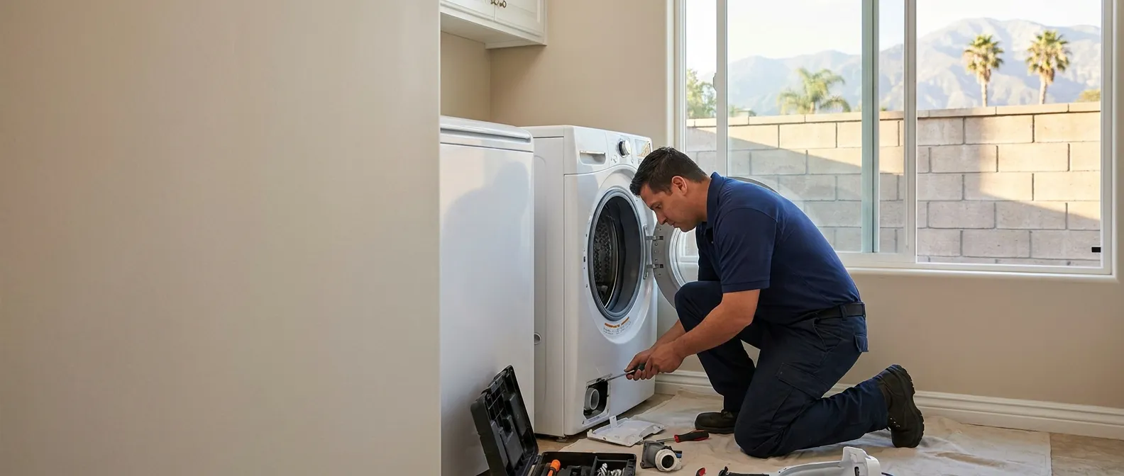 Technician repairing a washing machine in a home in Rancho Cucamonga, CA