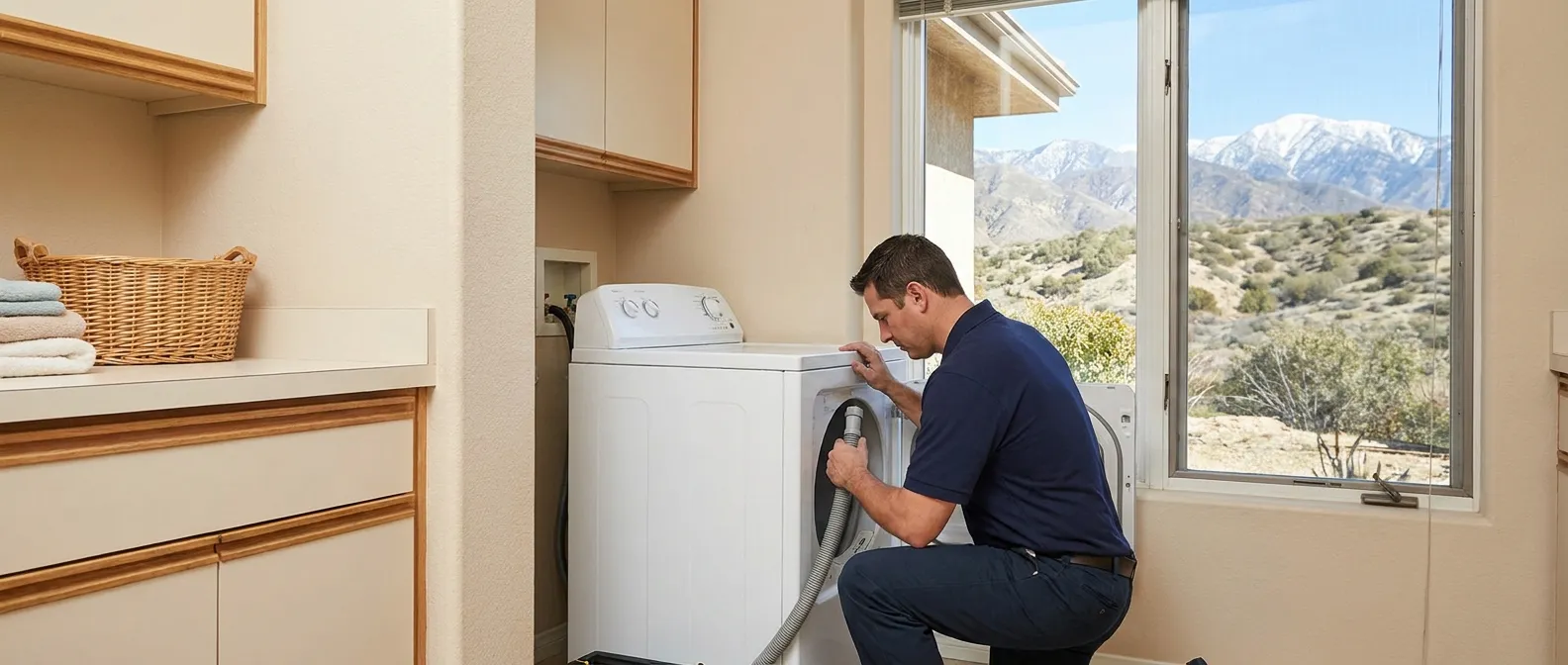 Technician repairing a washing machine in a home in San Bernardino County