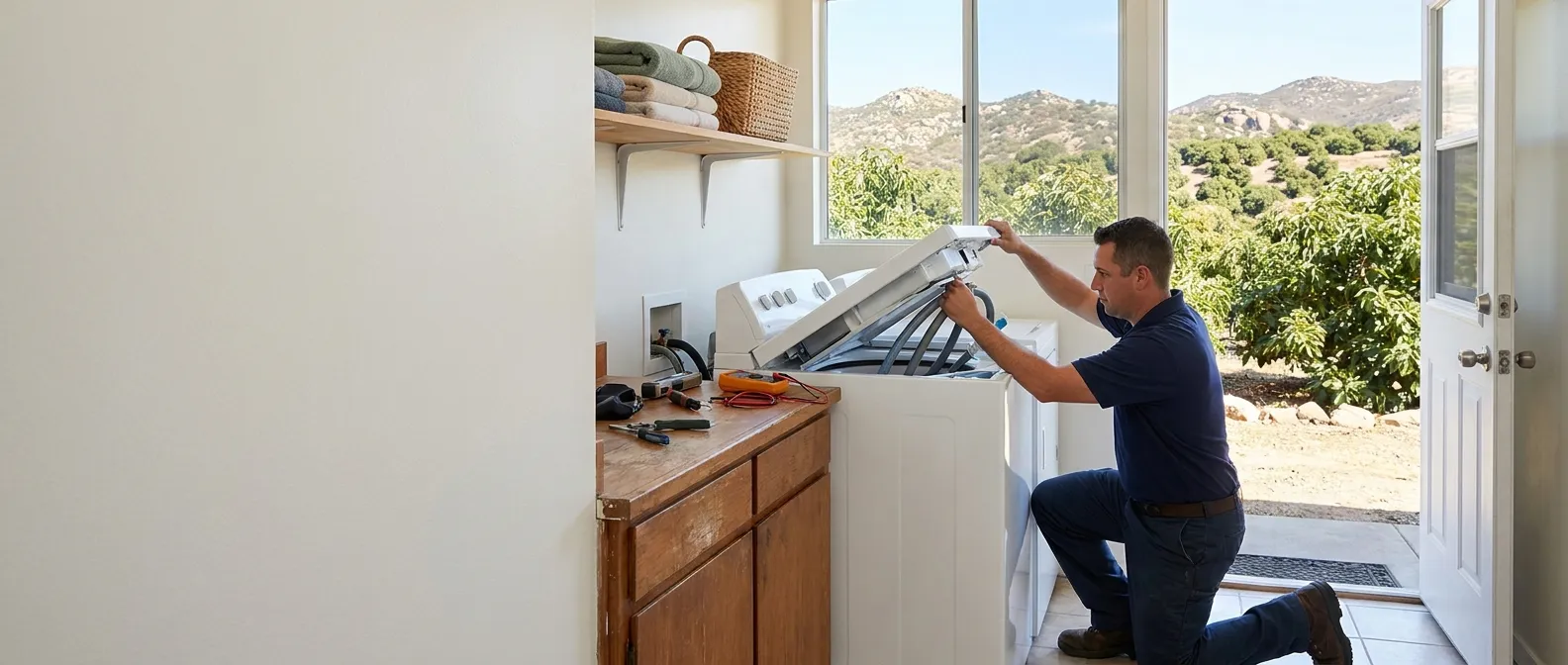 Technician repairing a washing machine in a home in Escondido, CA