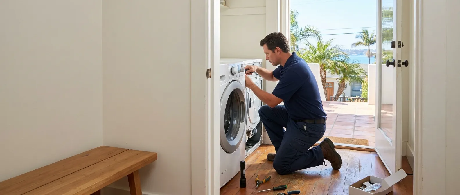 Technician repairing a washing machine in a home in San Diego County