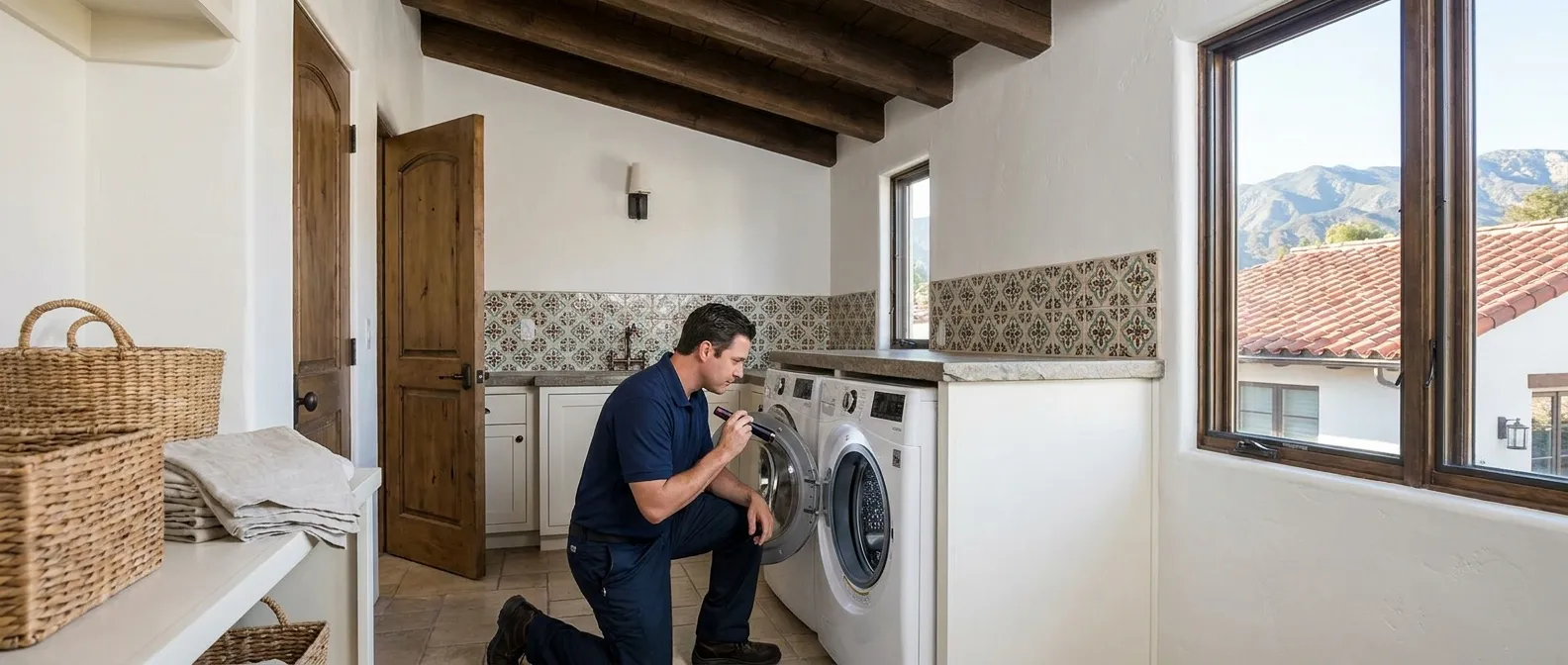 Technician repairing a washing machine in a home in Santa Barbara County