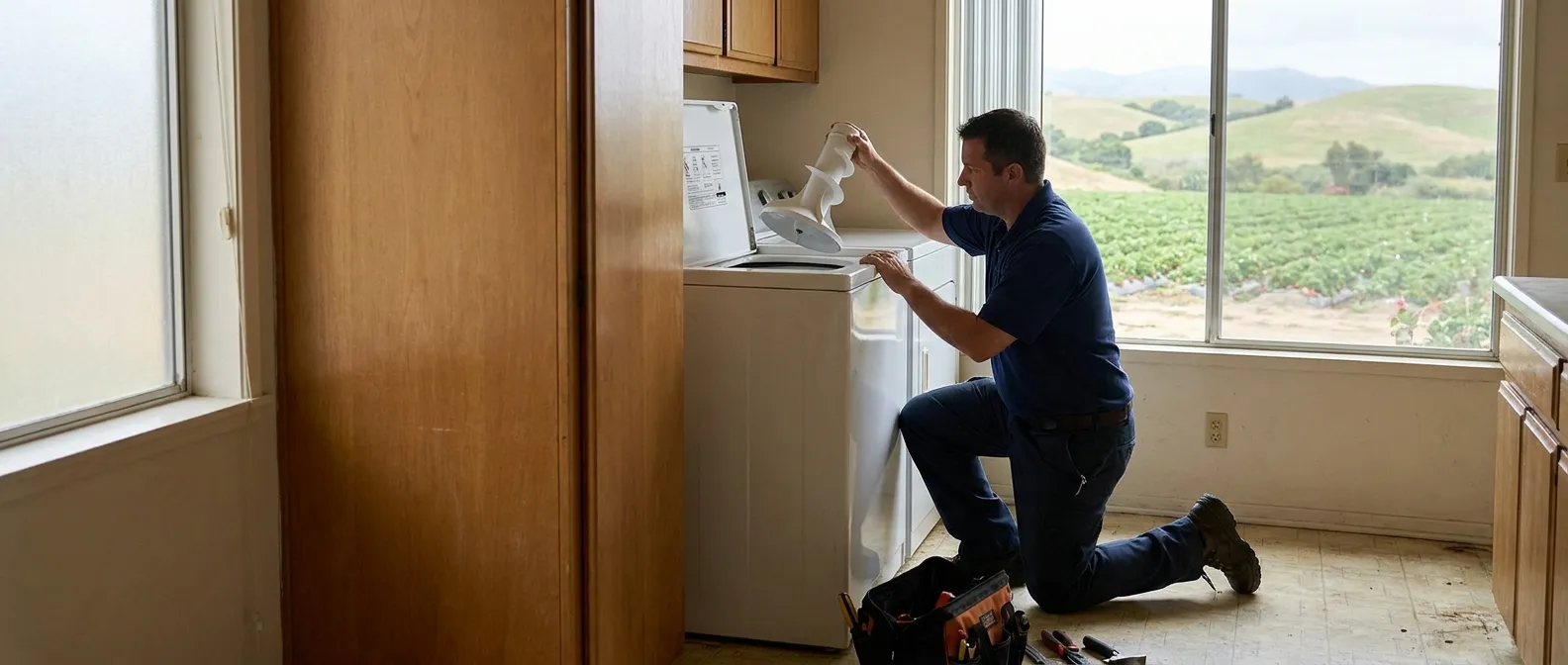 Technician repairing a washing machine in a home in Ventura County