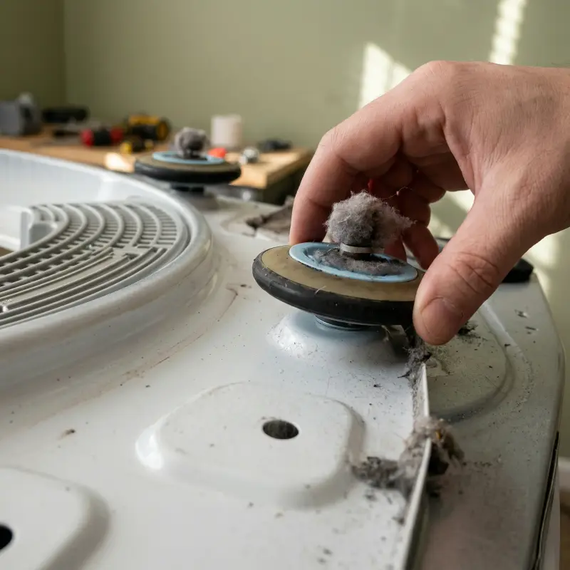 Worn LG dryer drum roller — flat and deformed from extended use