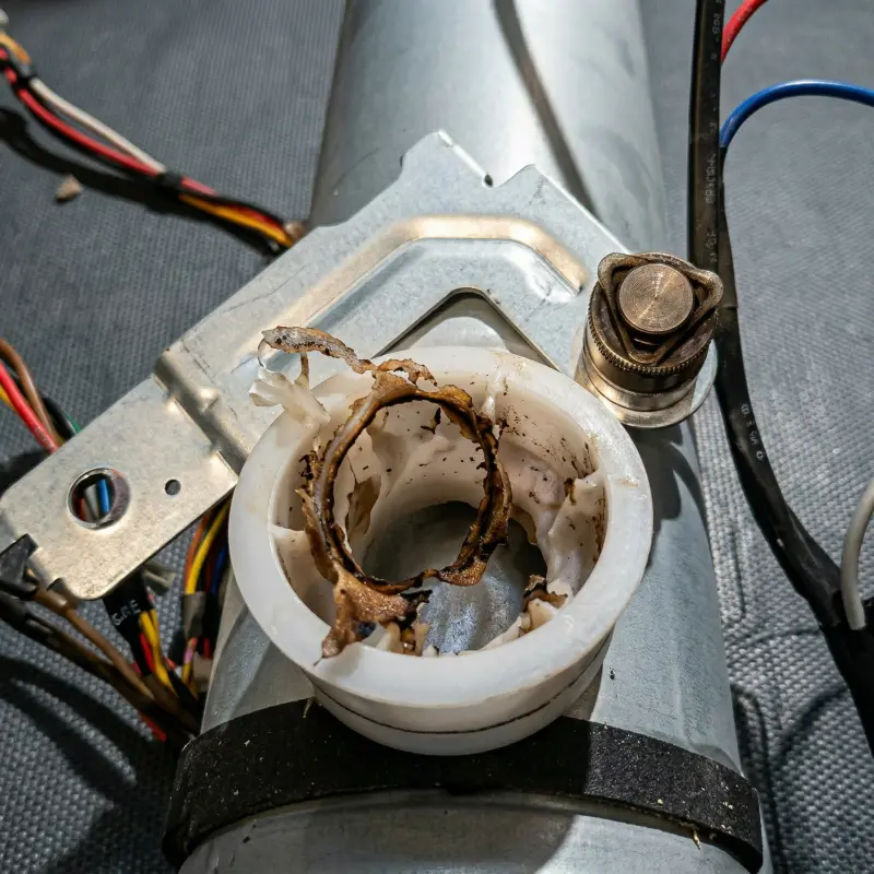 Seized worn LG dryer idler pulley removed — failed bearing
